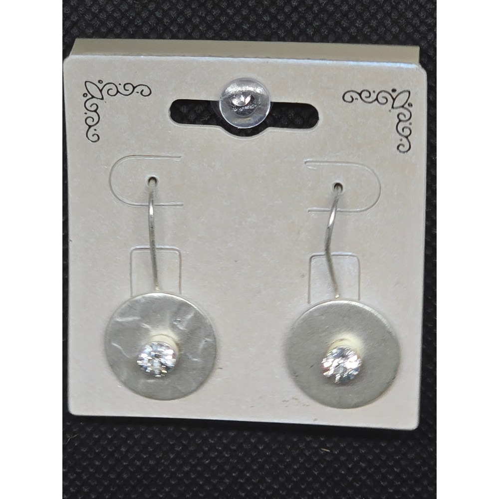 Hammered Silver Tone Disc Drop Earrings Clear Crystal Solitaire French Hook Wire